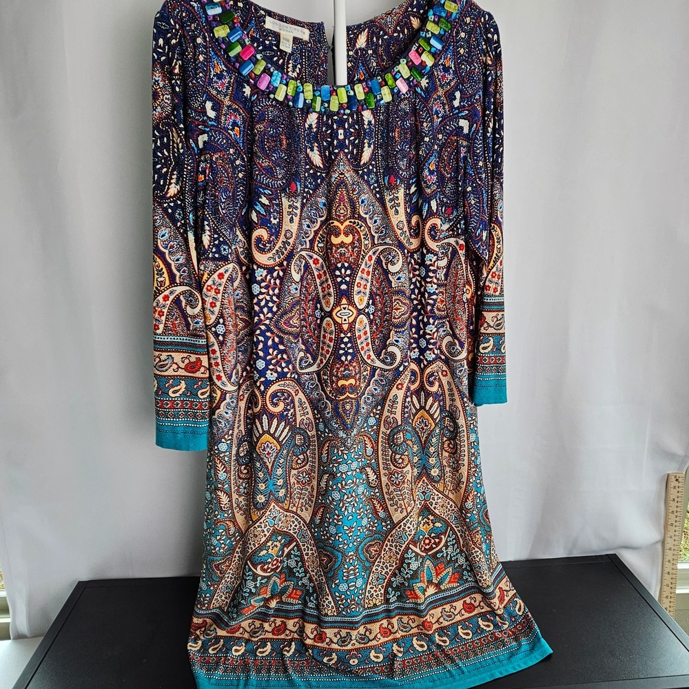 London Times Woman Paisley Embellished Shift Dress Blue Teal Artsy 14W